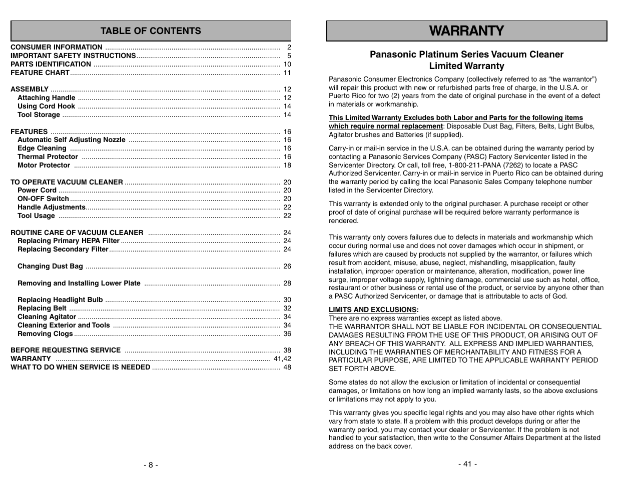 Warranty | Panasonic MC-UG773 User Manual | Page 41 / 48