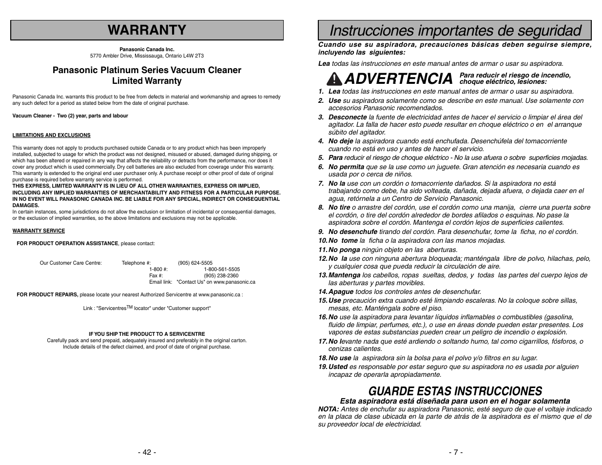 Instrucciones importantes de seguridad, Advertencia, Warranty | Guarde estas instrucciones | Panasonic MC-UG773 User Manual | Page 42 / 48