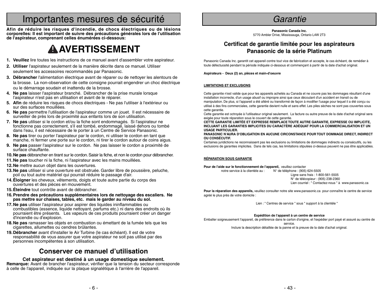 Garantie, Importantes mesures de sécurité, Avertissement | Conserver ce manuel d’utilisation | Panasonic MC-UG773 User Manual | Page 43 / 48