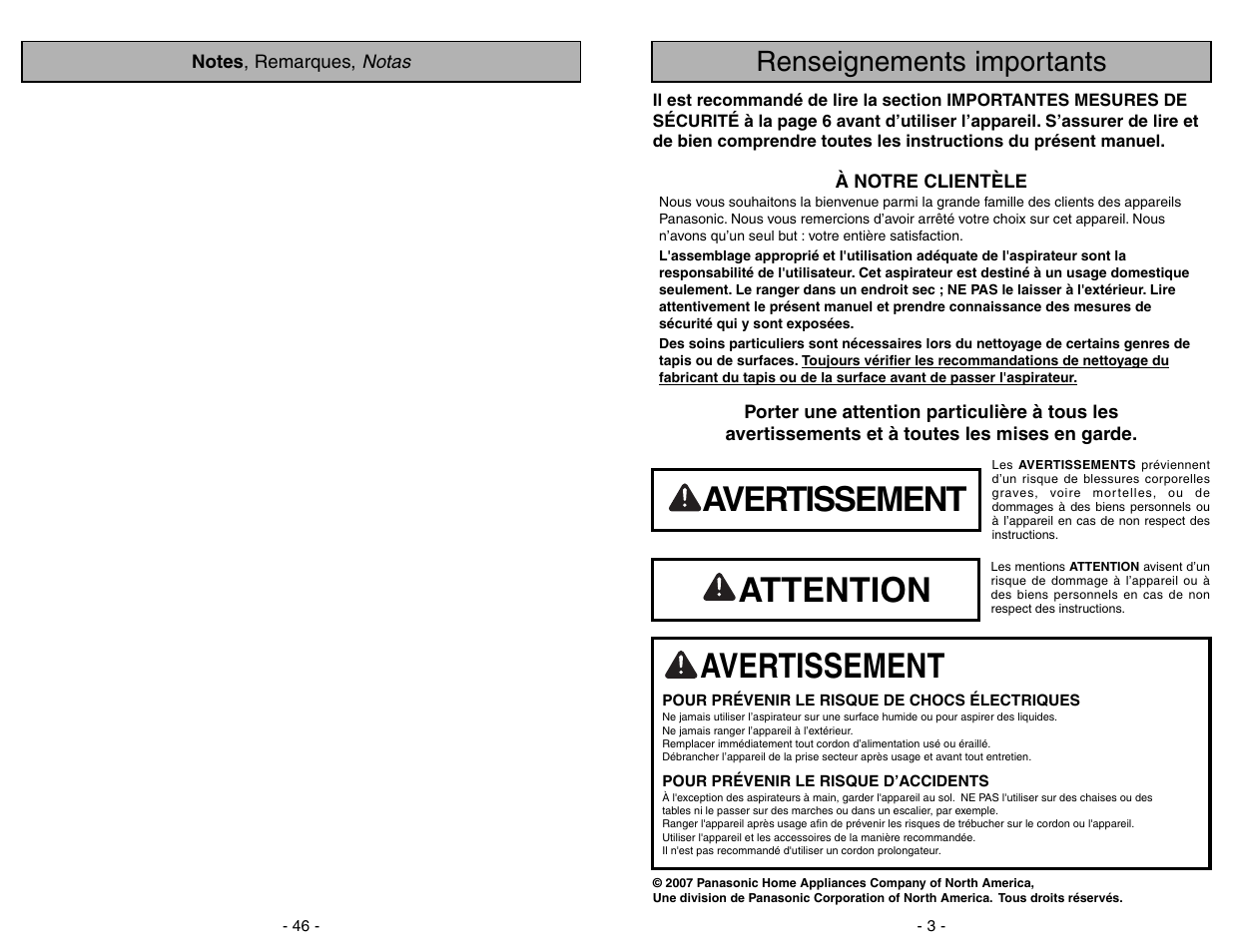 Avertissement, Attention, Renseignements importants | Panasonic MC-UG773 User Manual | Page 46 / 48