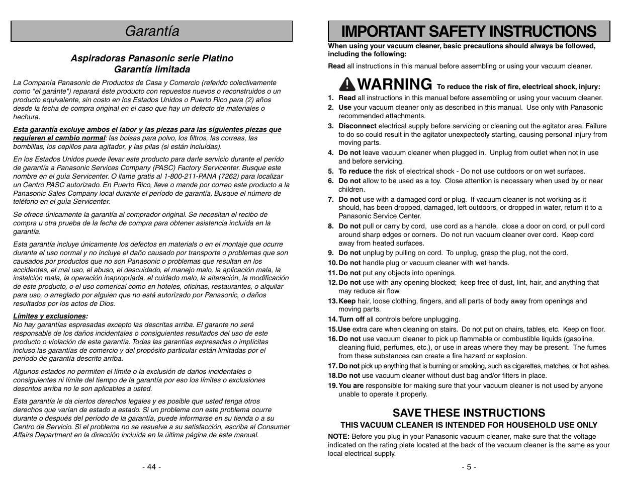 Important safety instructions, Warning, Garantía | Save these instructions | Panasonic MC-UG773 User Manual | Page 5 / 48