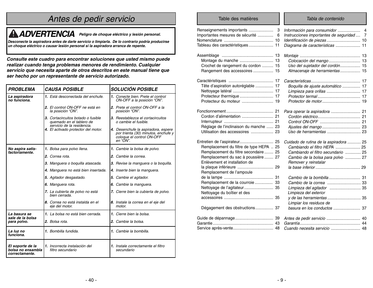 Antes de pedir servicio, Advertencia | Panasonic MC-UG773 User Manual | Page 9 / 48