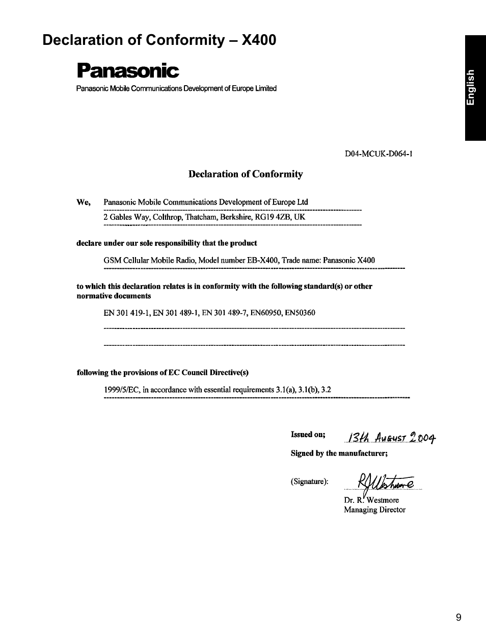 Declaration of conformity – x400 | Panasonic EB-X400 User Manual | Page 10 / 45