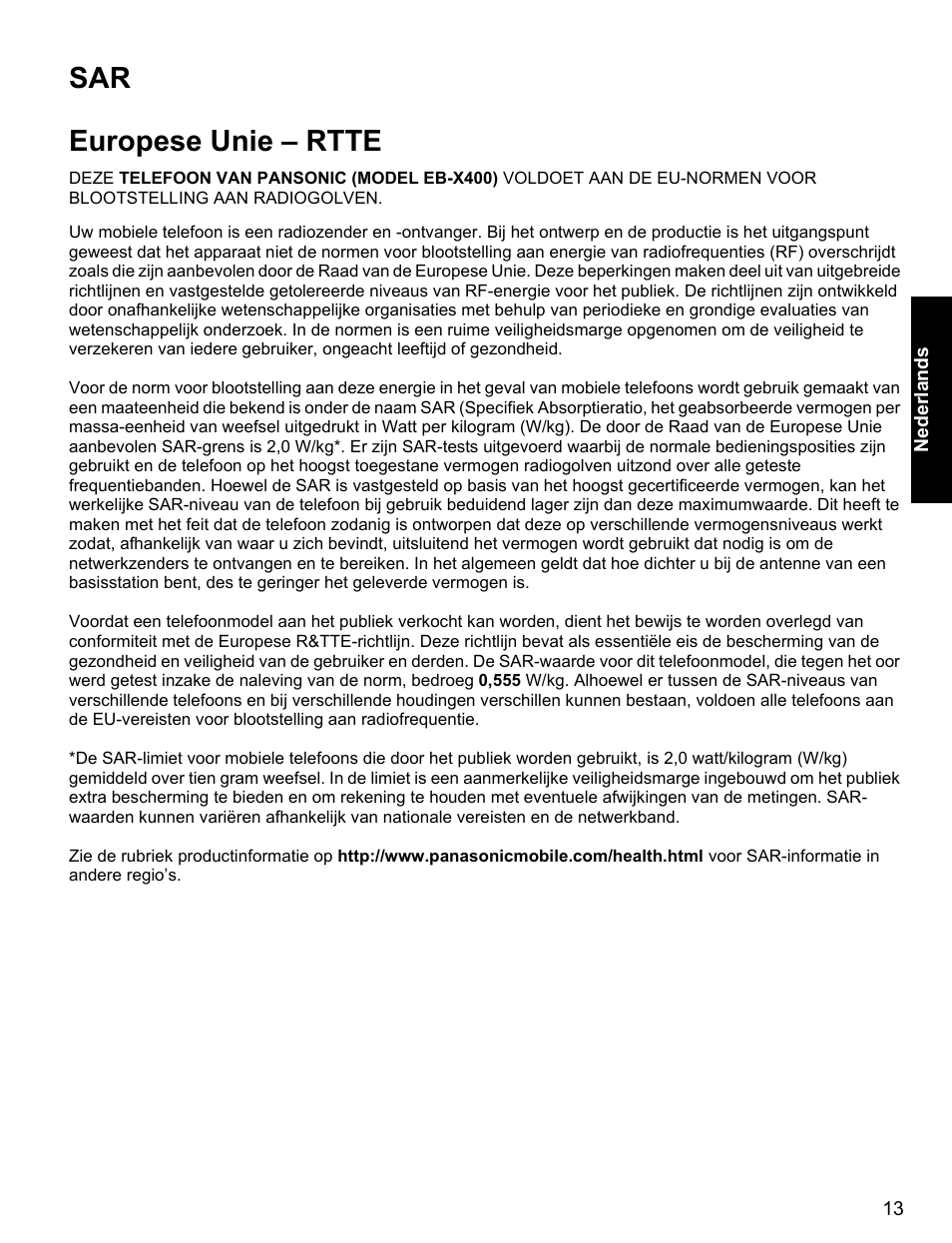Europese unie - rtte, Sar europese unie – rtte | Panasonic EB-X400 User Manual | Page 14 / 45
