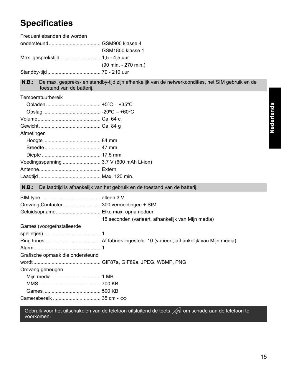 Specificaties | Panasonic EB-X400 User Manual | Page 16 / 45