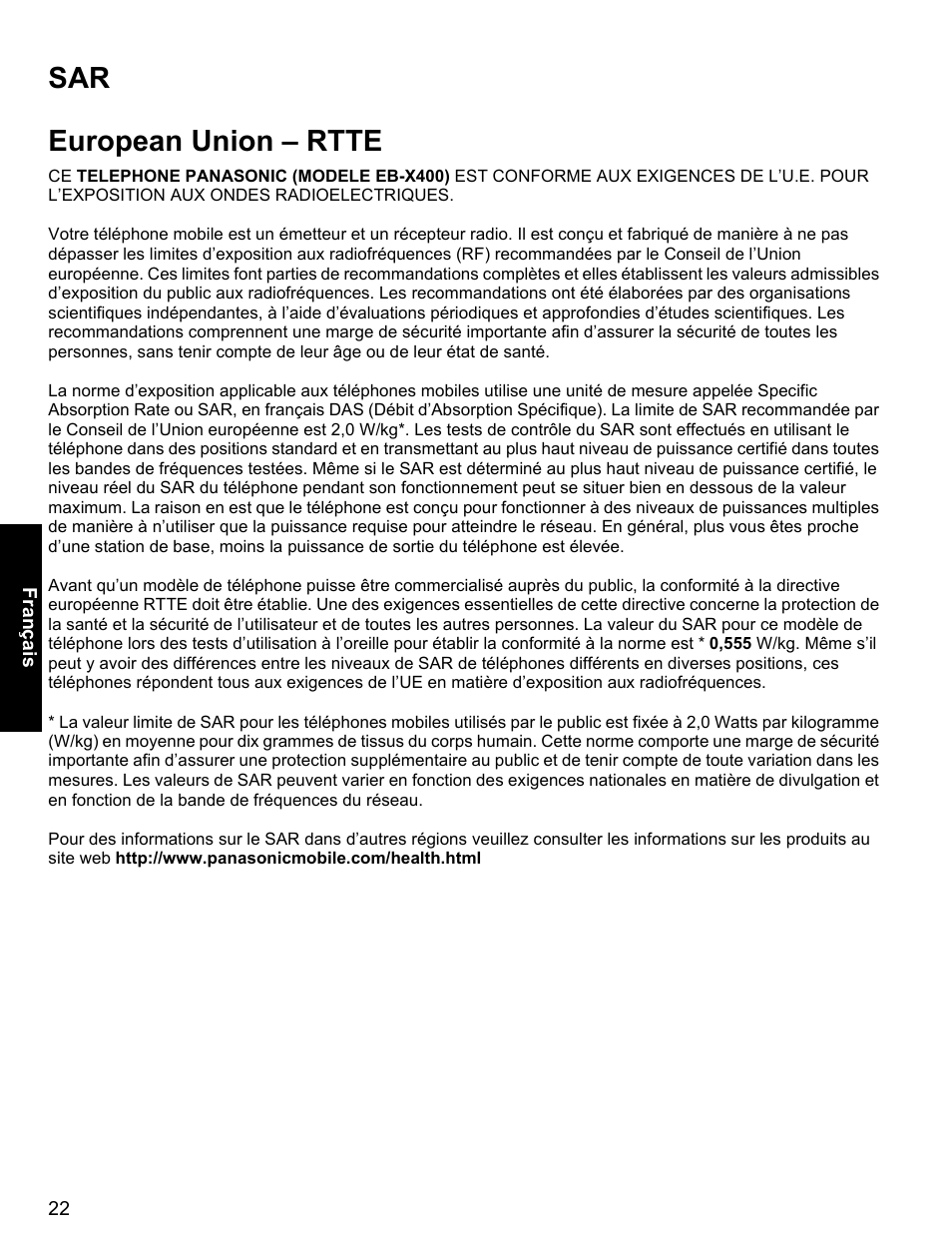 European union - rtte, Sar european union – rtte | Panasonic EB-X400 User Manual | Page 23 / 45