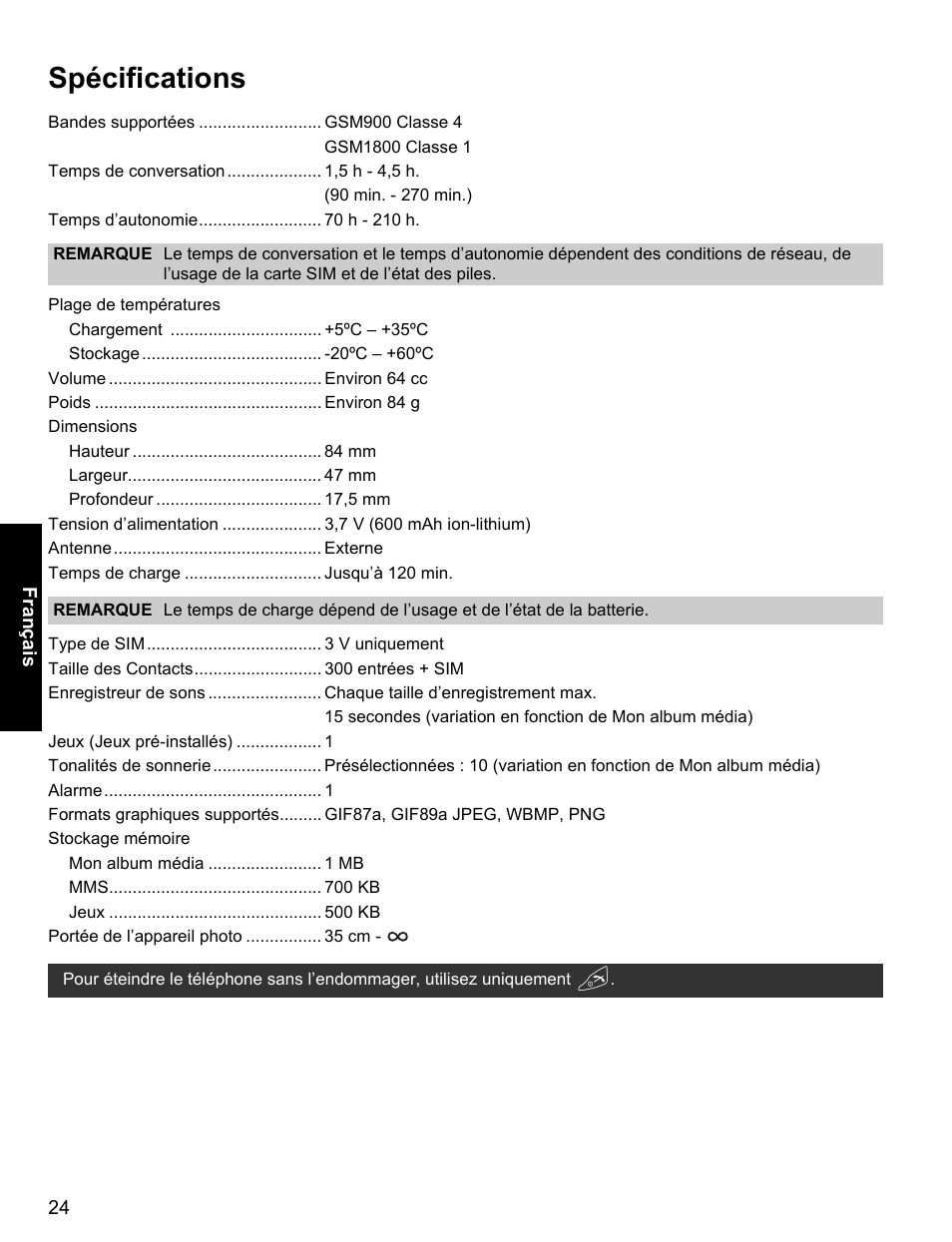 Spécifications | Panasonic EB-X400 User Manual | Page 25 / 45