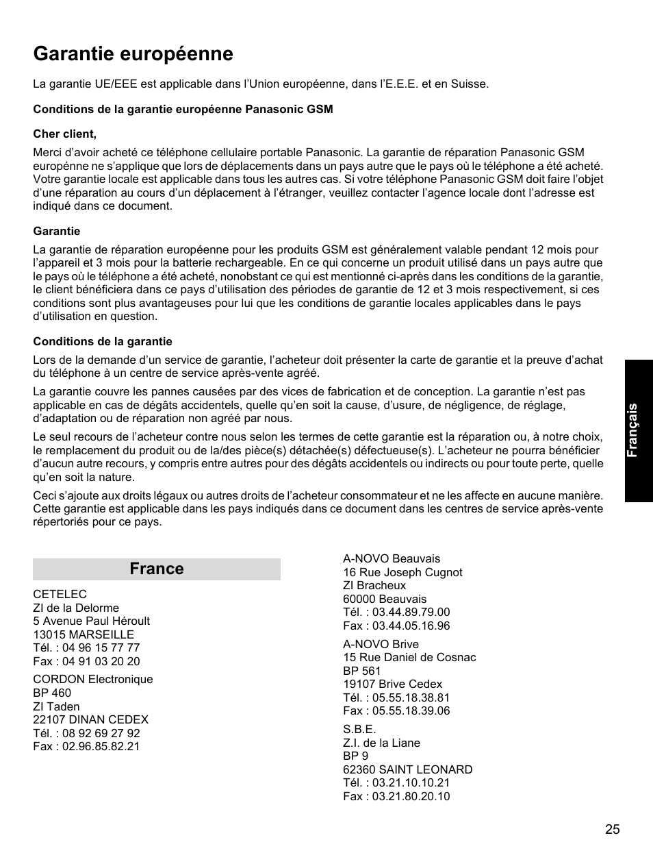 Garantie européenne, France | Panasonic EB-X400 User Manual | Page 26 / 45