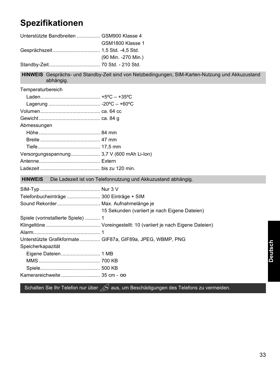 Spezifikationen | Panasonic EB-X400 User Manual | Page 34 / 45