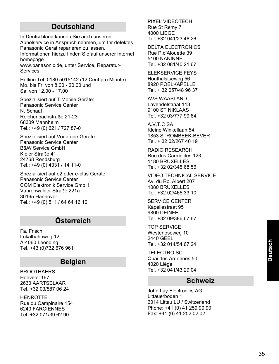 Deutschland österreich belgien schweiz | Panasonic EB-X400 User Manual | Page 36 / 45