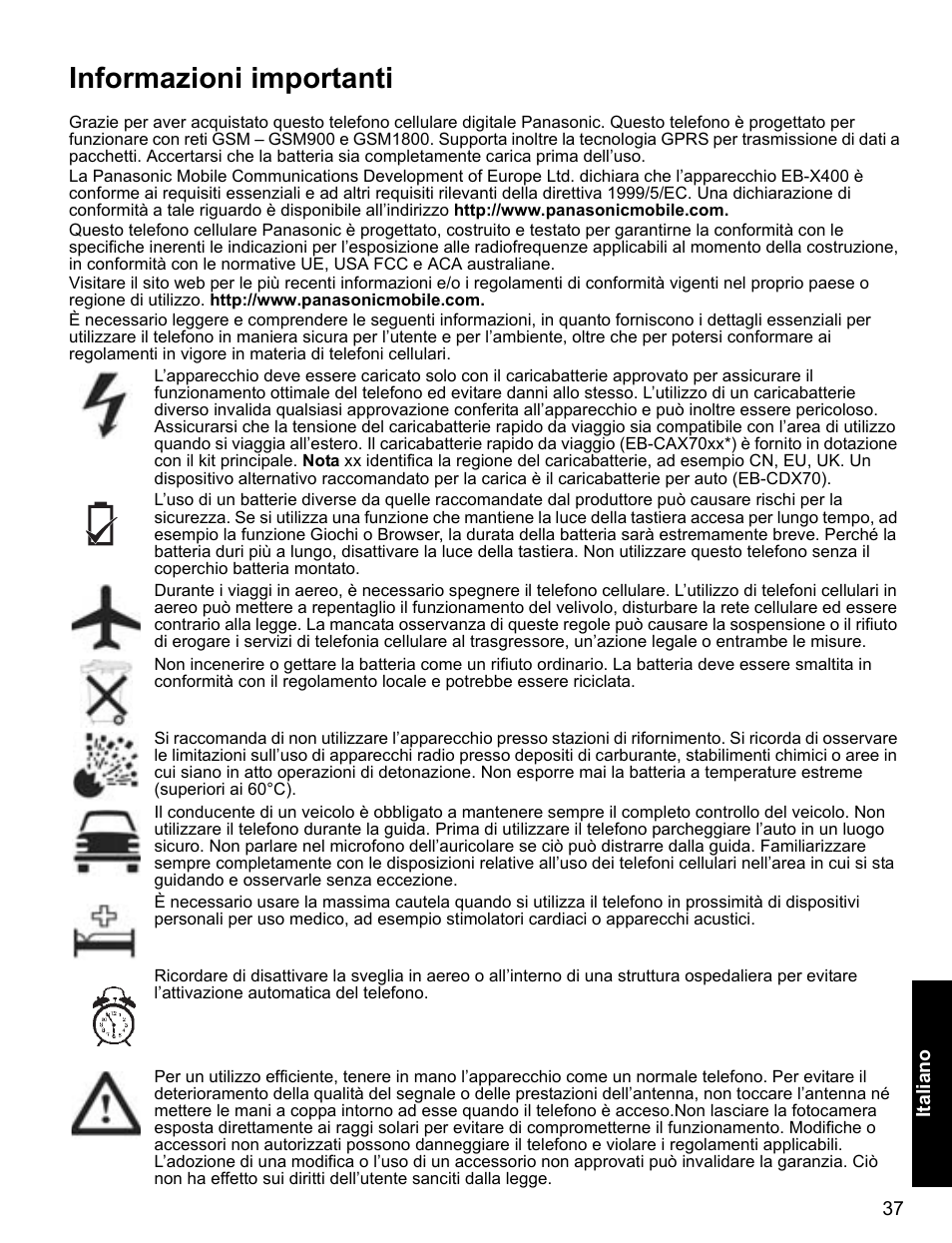 Informazioni importanti | Panasonic EB-X400 User Manual | Page 38 / 45