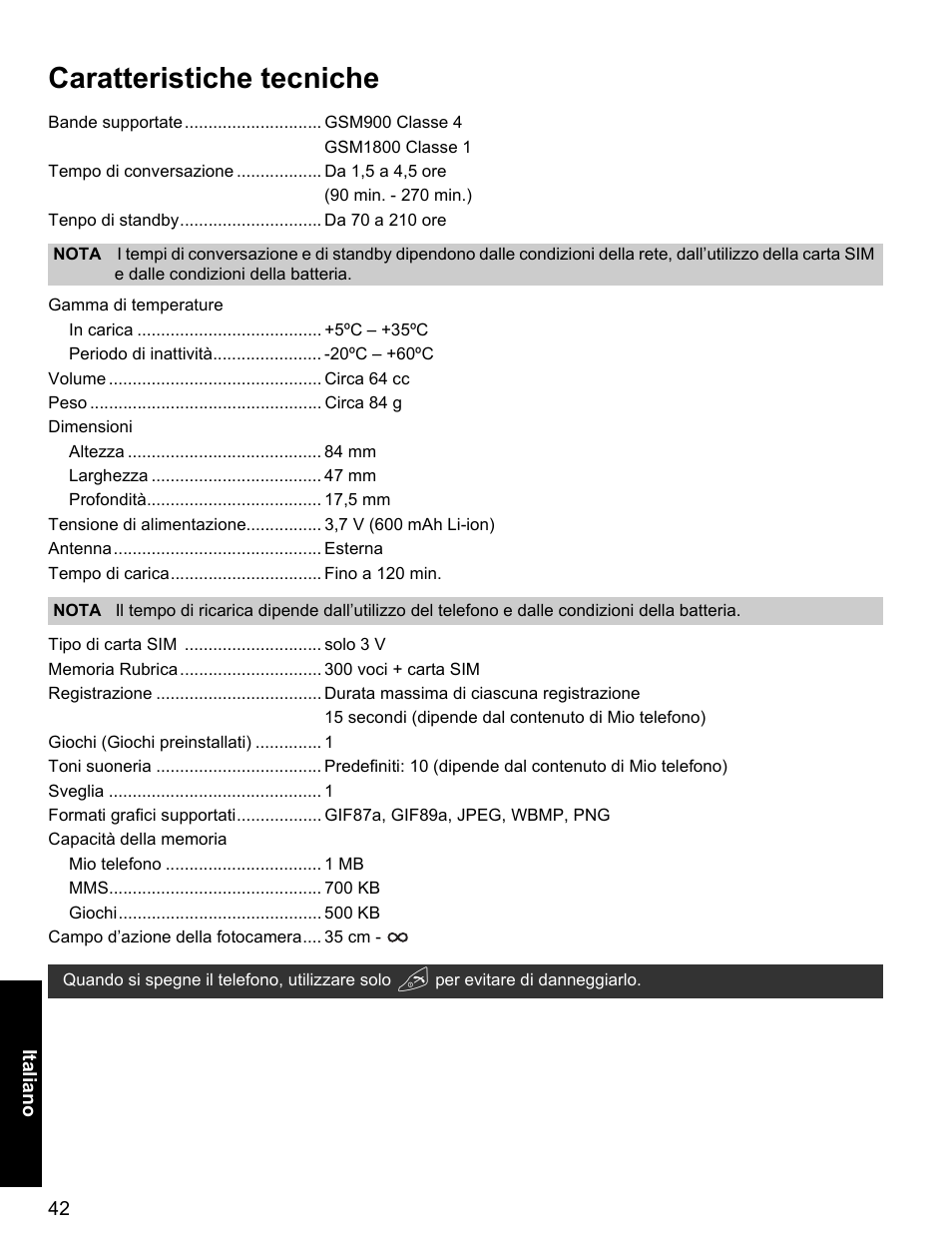 Caratteristiche tecniche | Panasonic EB-X400 User Manual | Page 43 / 45
