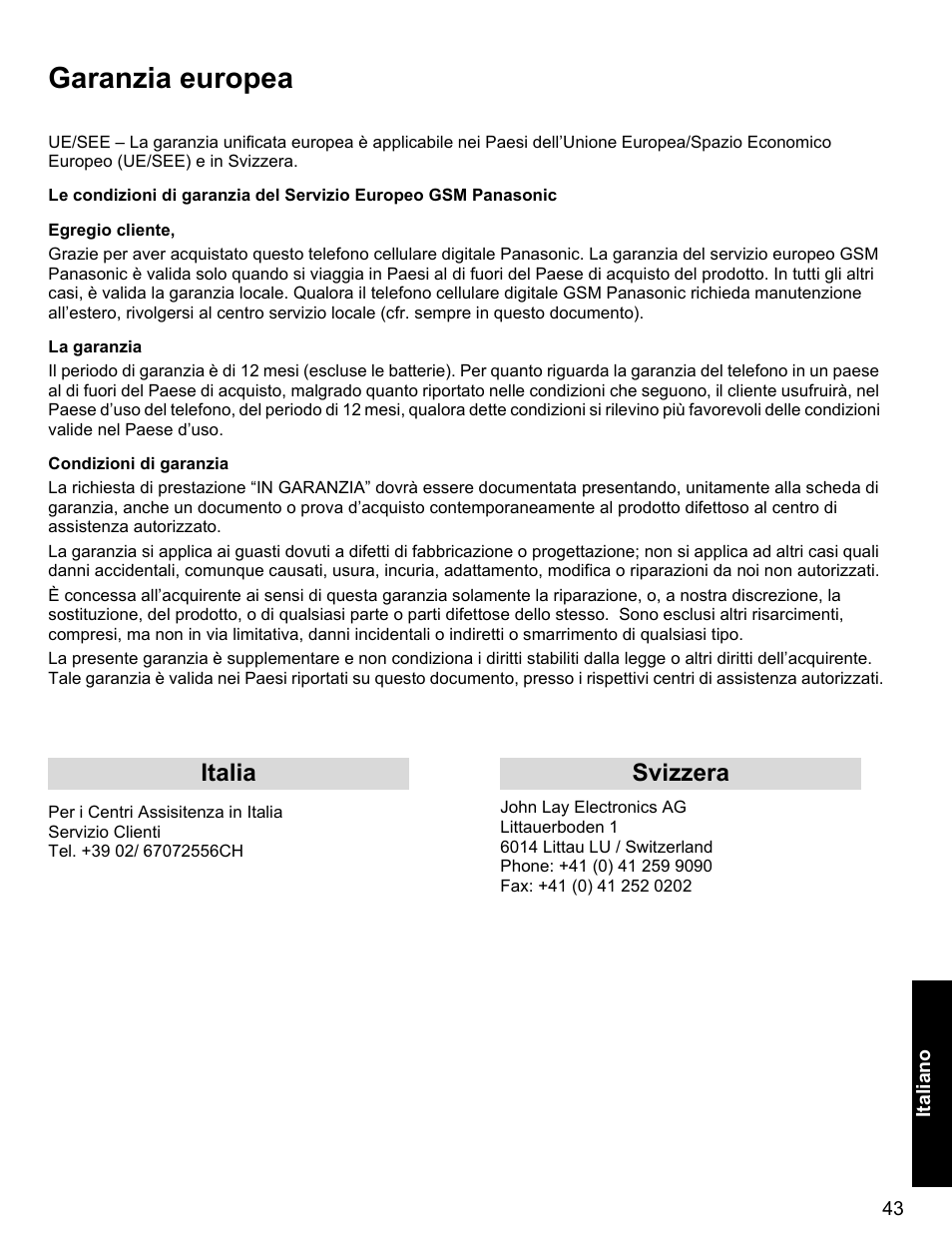 Garanzia europea, Italia svizzera | Panasonic EB-X400 User Manual | Page 44 / 45