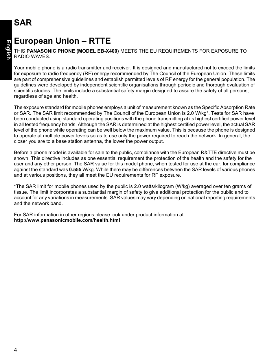 European union - rtte, Sar european union – rtte | Panasonic EB-X400 User Manual | Page 5 / 45