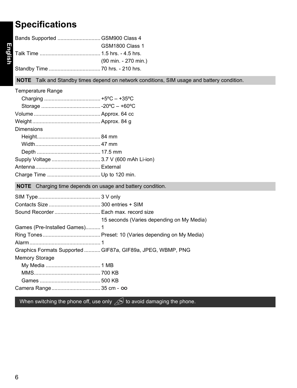 Specifications | Panasonic EB-X400 User Manual | Page 7 / 45
