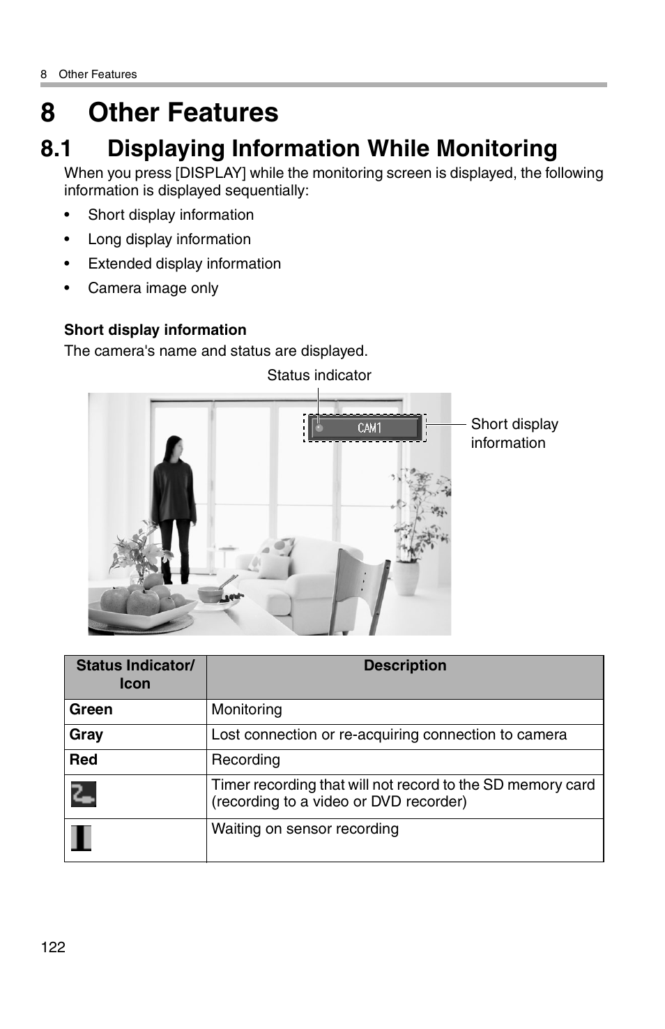 8other features, 1 displaying information while monitoring | Panasonic BL-WV10A User Manual | Page 122 / 184