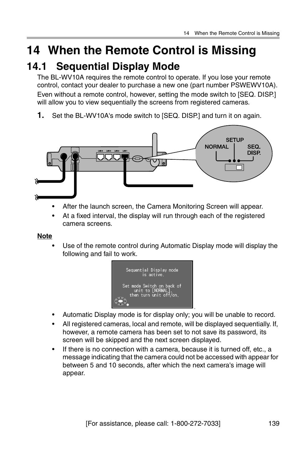 14 when the remote control is missing, 1 sequential display mode | Panasonic BL-WV10A User Manual | Page 139 / 184