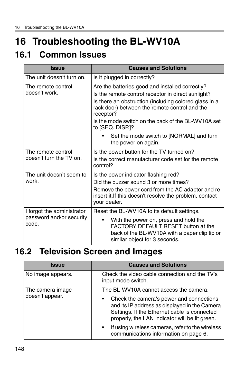 16 troubleshooting the bl-wv10a, 1 common issues 16.2 television screen and images | Panasonic BL-WV10A User Manual | Page 148 / 184