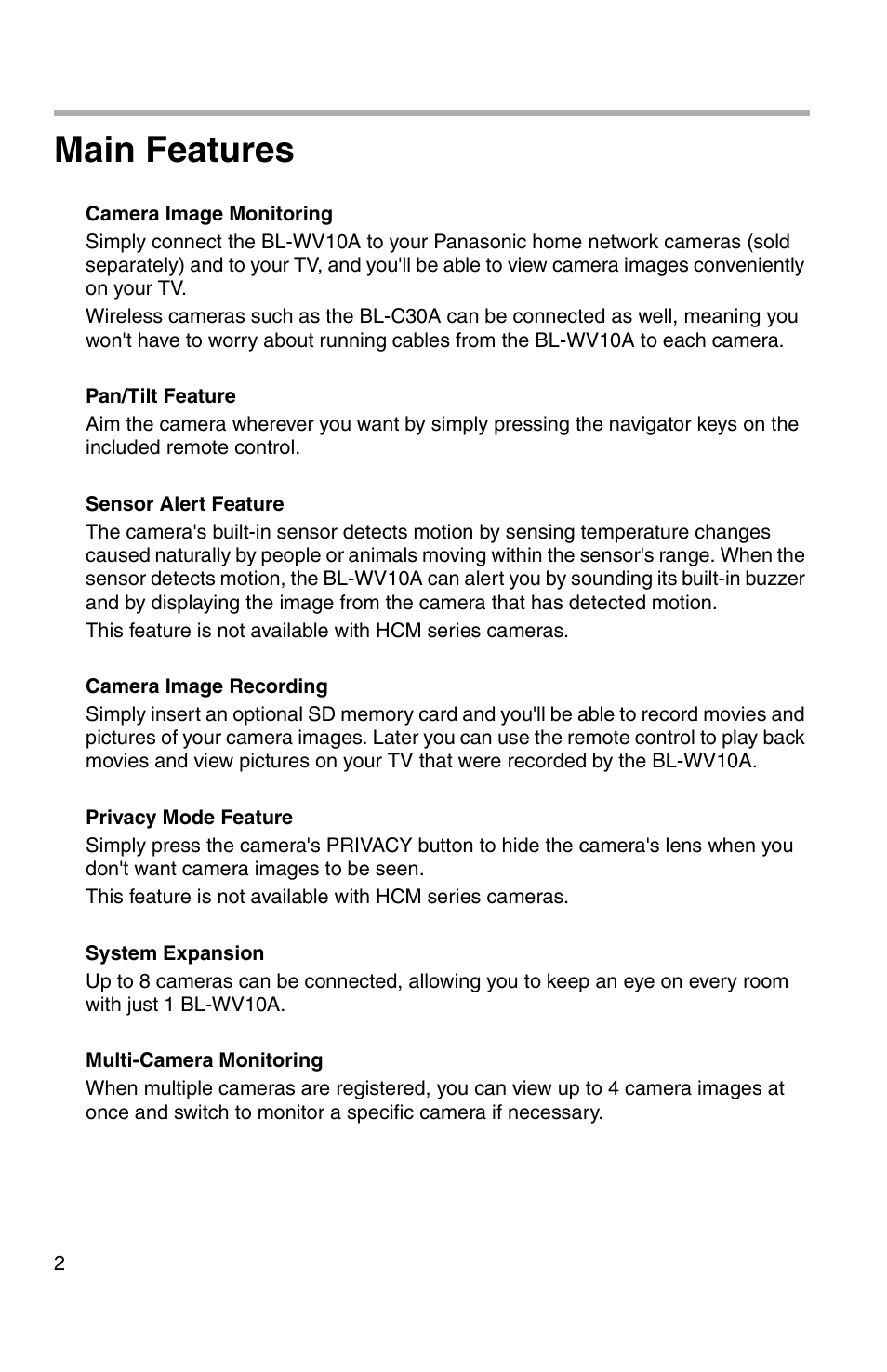 Main features | Panasonic BL-WV10A User Manual | Page 2 / 184
