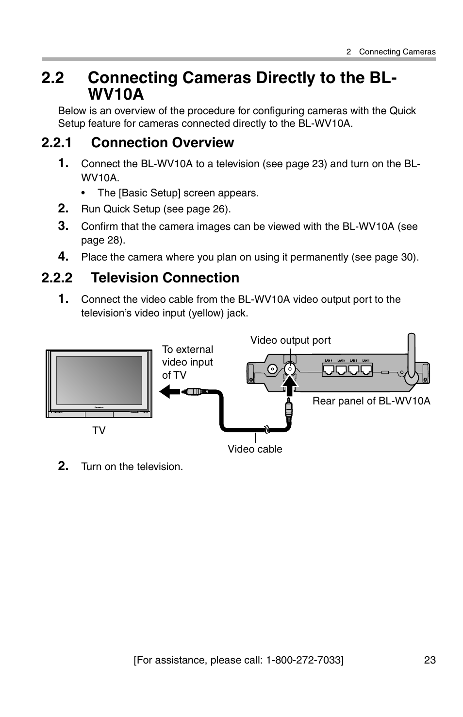 2 connecting cameras directly to the bl- wv10a, 1 connection overview, 2 television connection | Panasonic BL-WV10A User Manual | Page 23 / 184