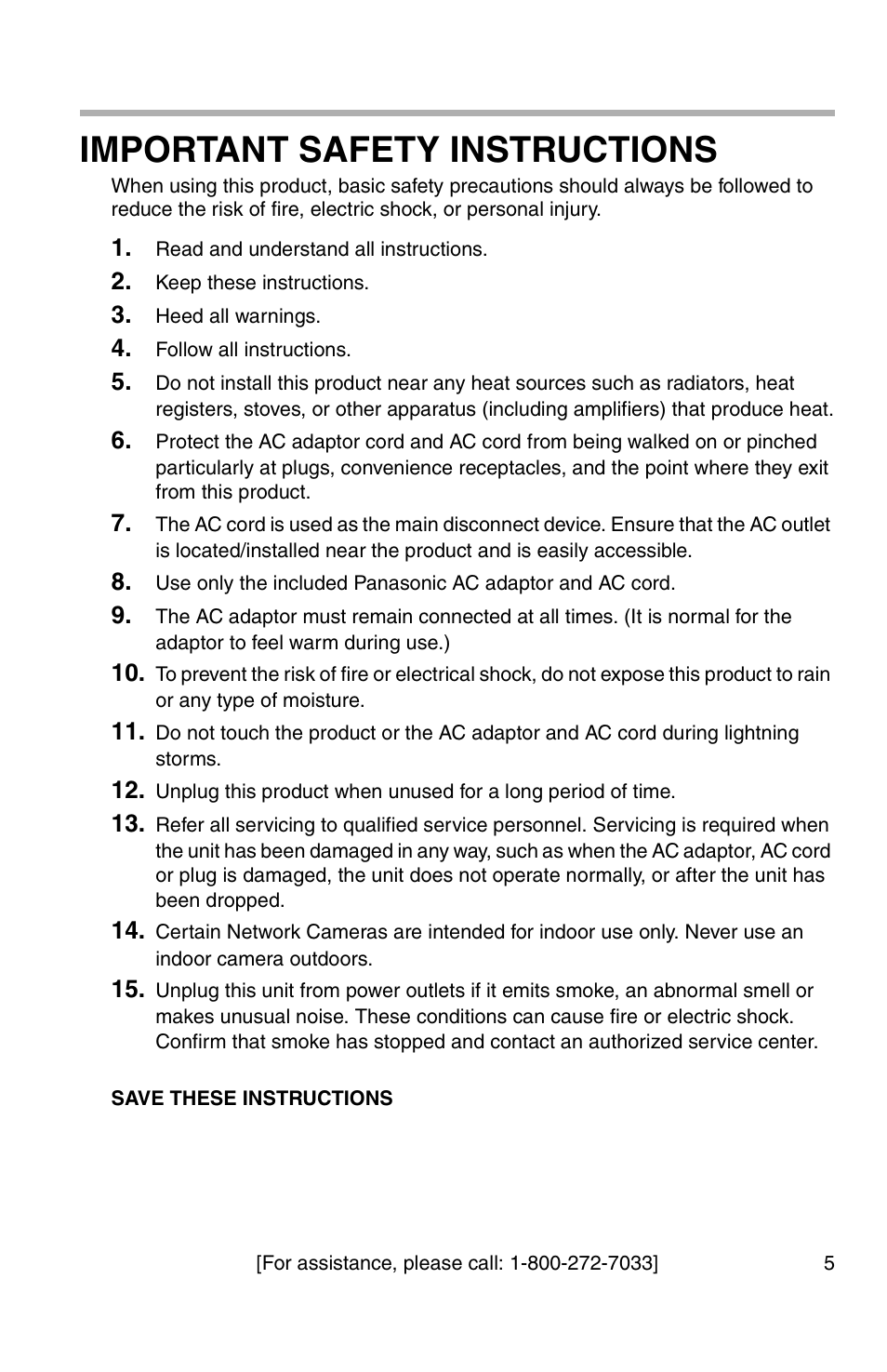 Important safety instructions | Panasonic BL-WV10A User Manual | Page 5 / 184