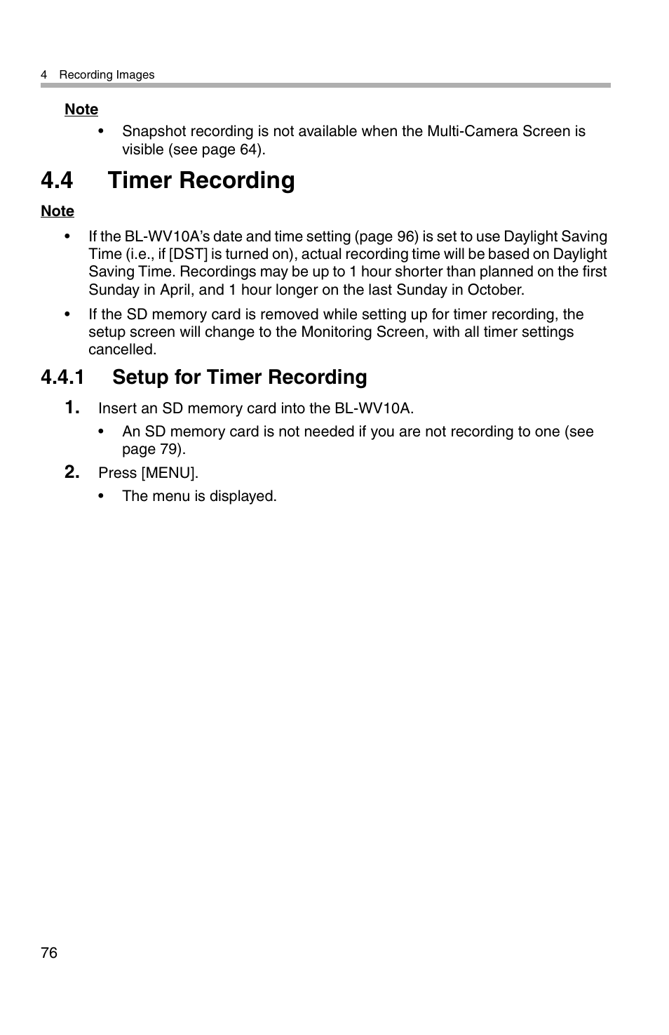 4 timer recording, 1 setup for timer recording | Panasonic BL-WV10A User Manual | Page 76 / 184