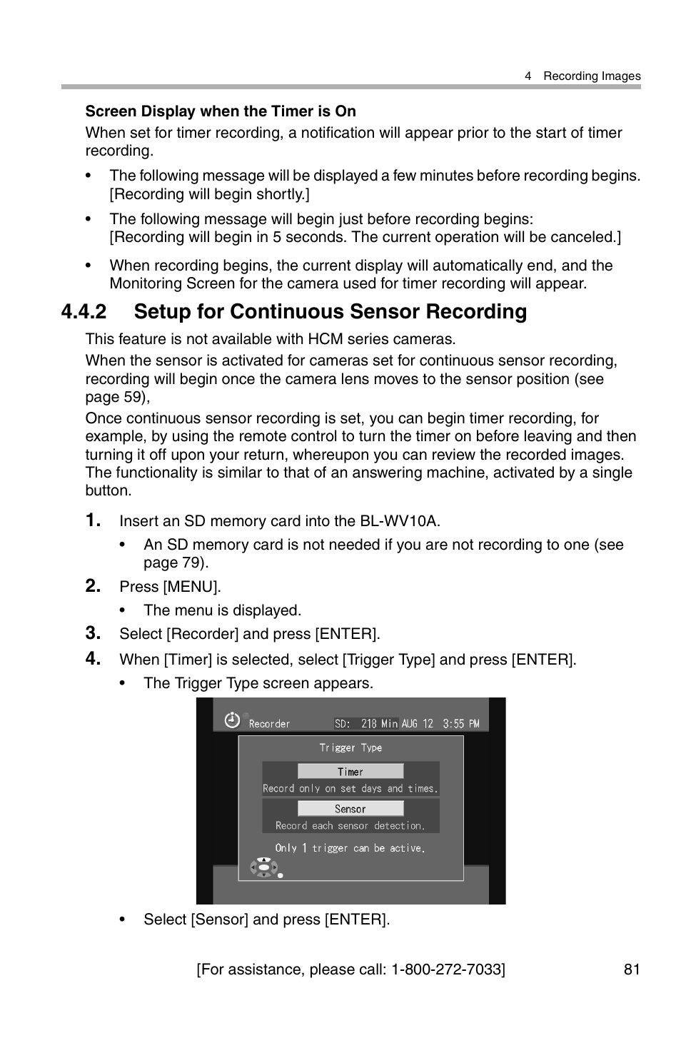 2 setup for continuous sensor recording | Panasonic BL-WV10A User Manual | Page 81 / 184