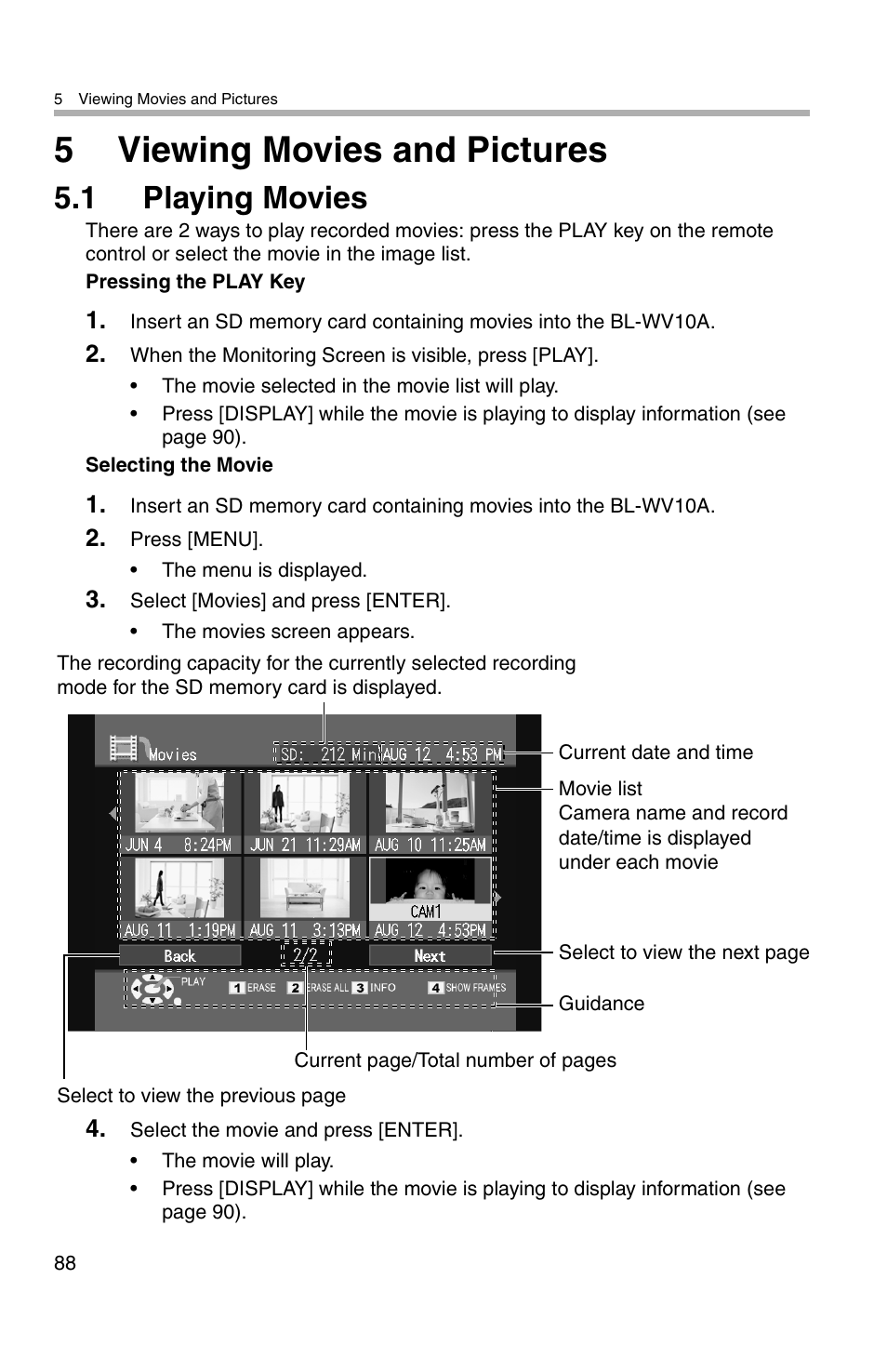 5viewing movies and pictures, 1 playing movies | Panasonic BL-WV10A User Manual | Page 88 / 184