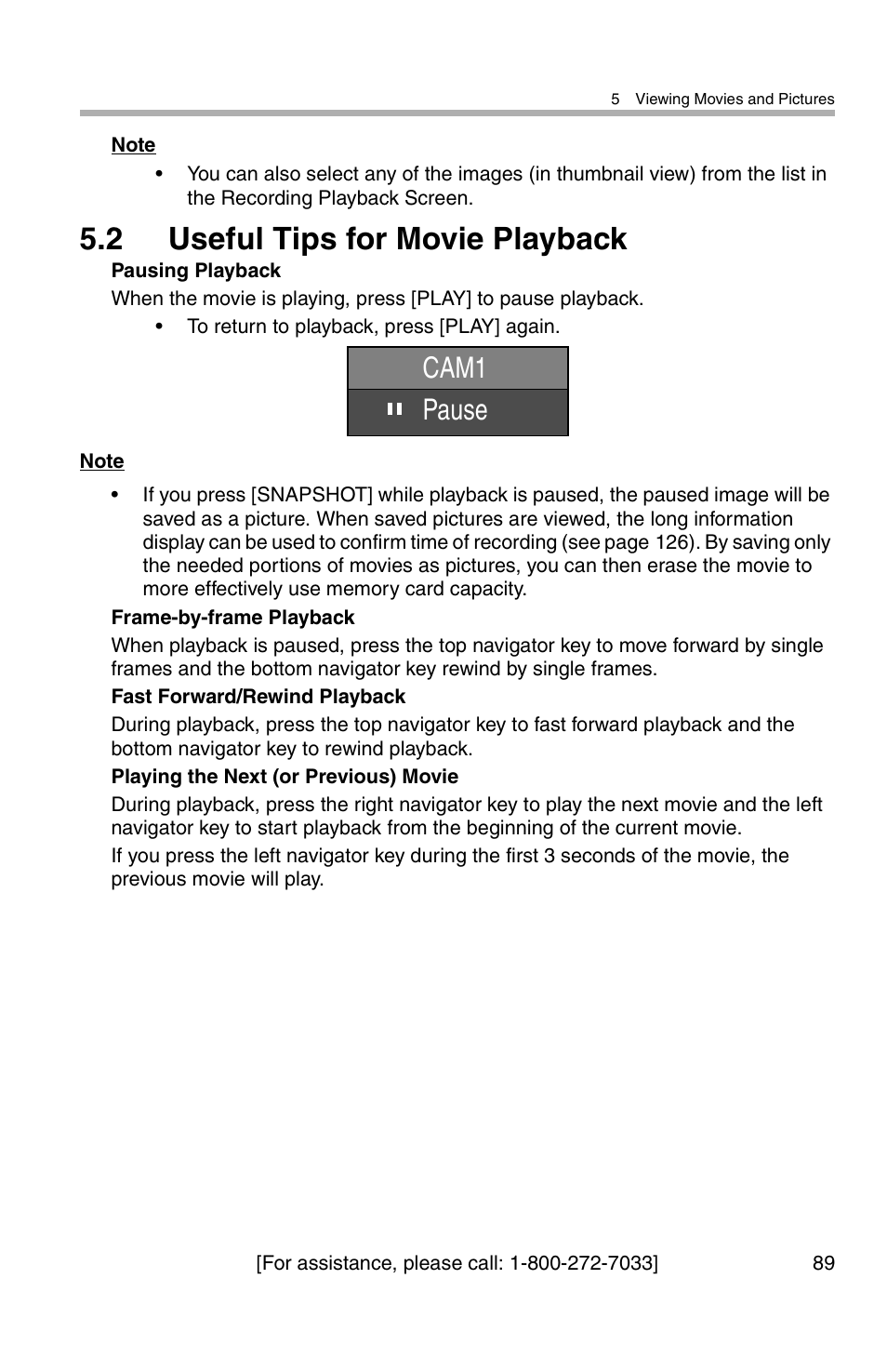 2 useful tips for movie playback, Cam1 pause | Panasonic BL-WV10A User Manual | Page 89 / 184