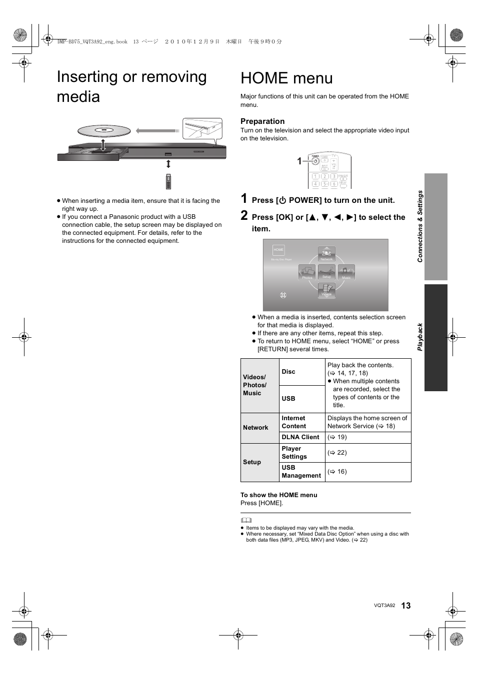 Inserting or removing media, Home menu | Panasonic DMP-BD755 User Manual | Page 13 / 36