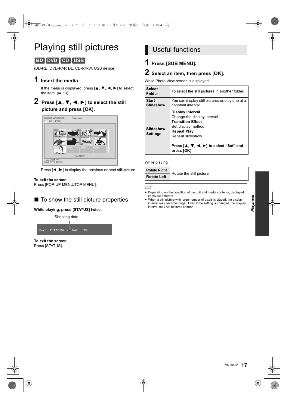 Playing still pictures, Useful functions, Bd dvd cd usb | Panasonic DMP-BD755 User Manual | Page 17 / 36