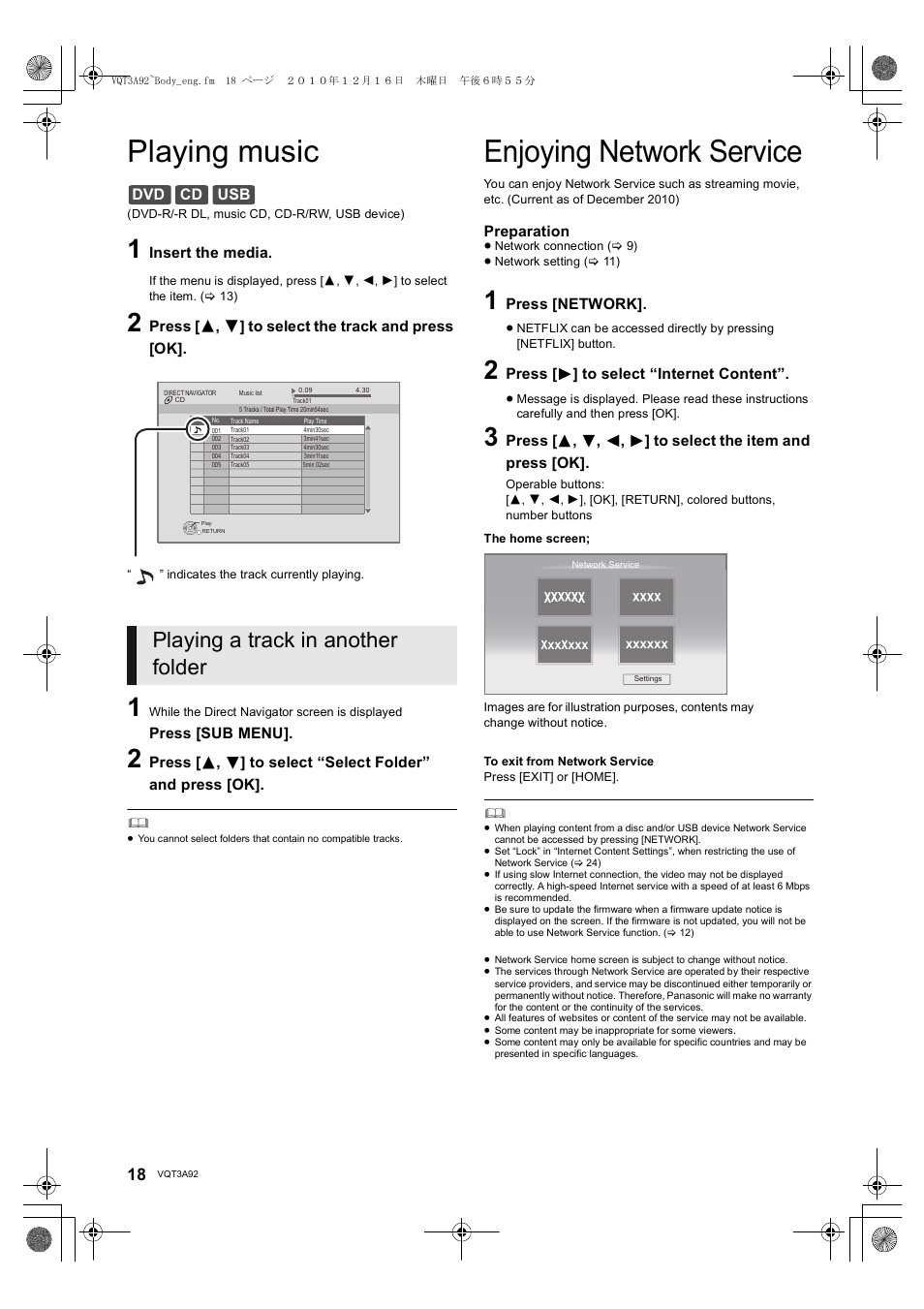 Playing music, Enjoying network service, Playing a track in another folder | Panasonic DMP-BD755 User Manual | Page 18 / 36