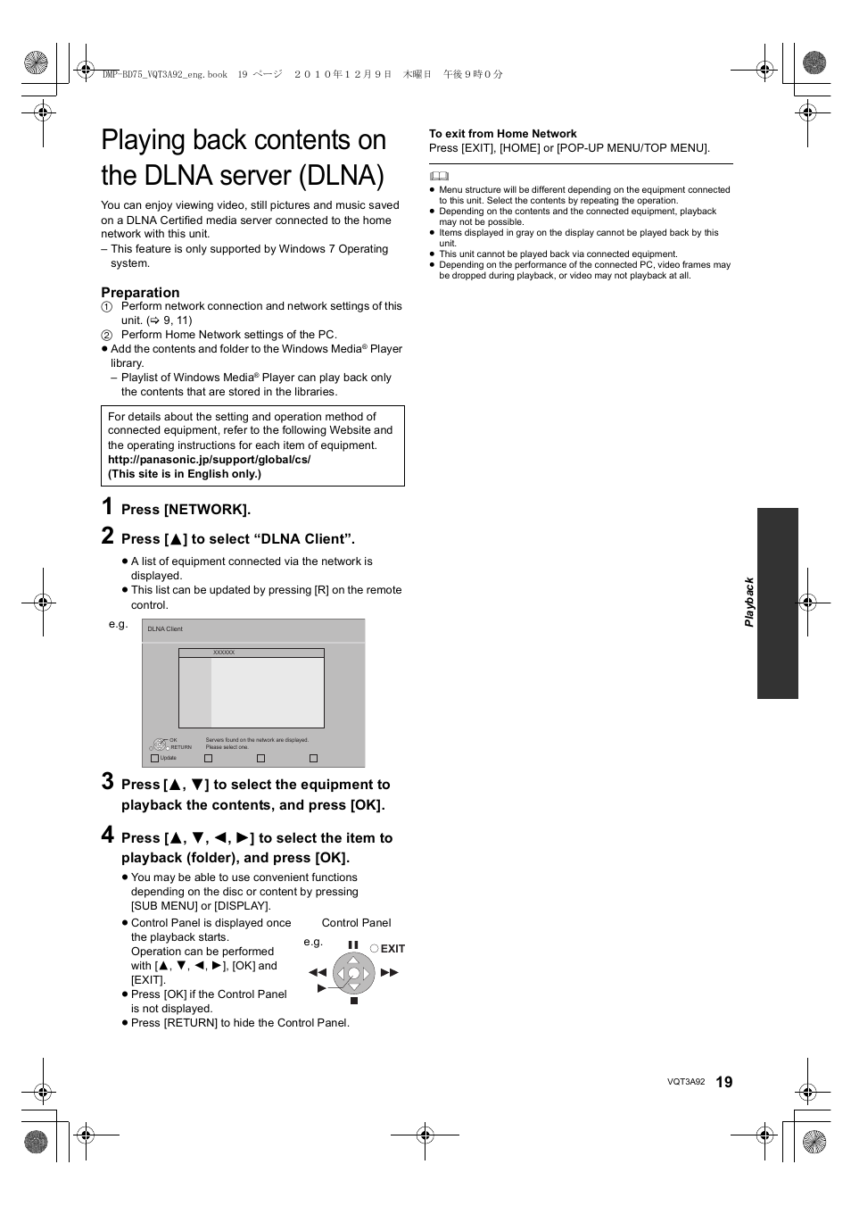 Playing back contents on the dlna server (dlna) | Panasonic DMP-BD755 User Manual | Page 19 / 36