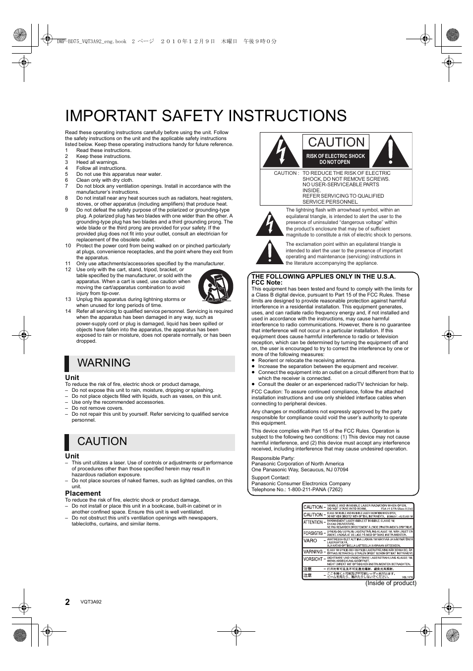 Important safety instructions, Caution, Warning caution | Panasonic DMP-BD755 User Manual | Page 2 / 36