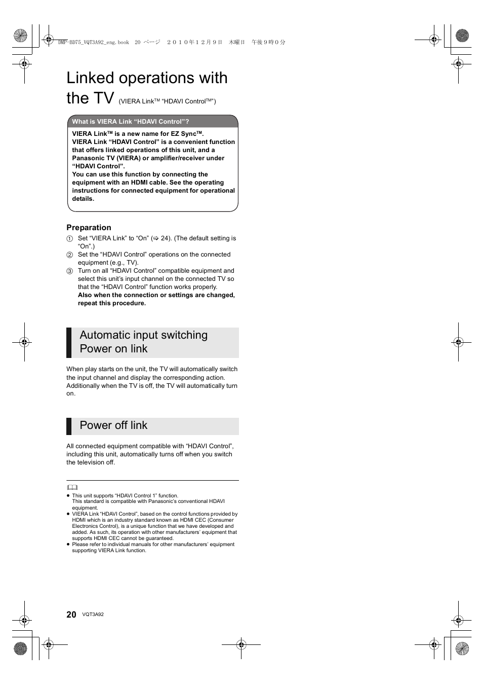 Linked operations with the tv | Panasonic DMP-BD755 User Manual | Page 20 / 36