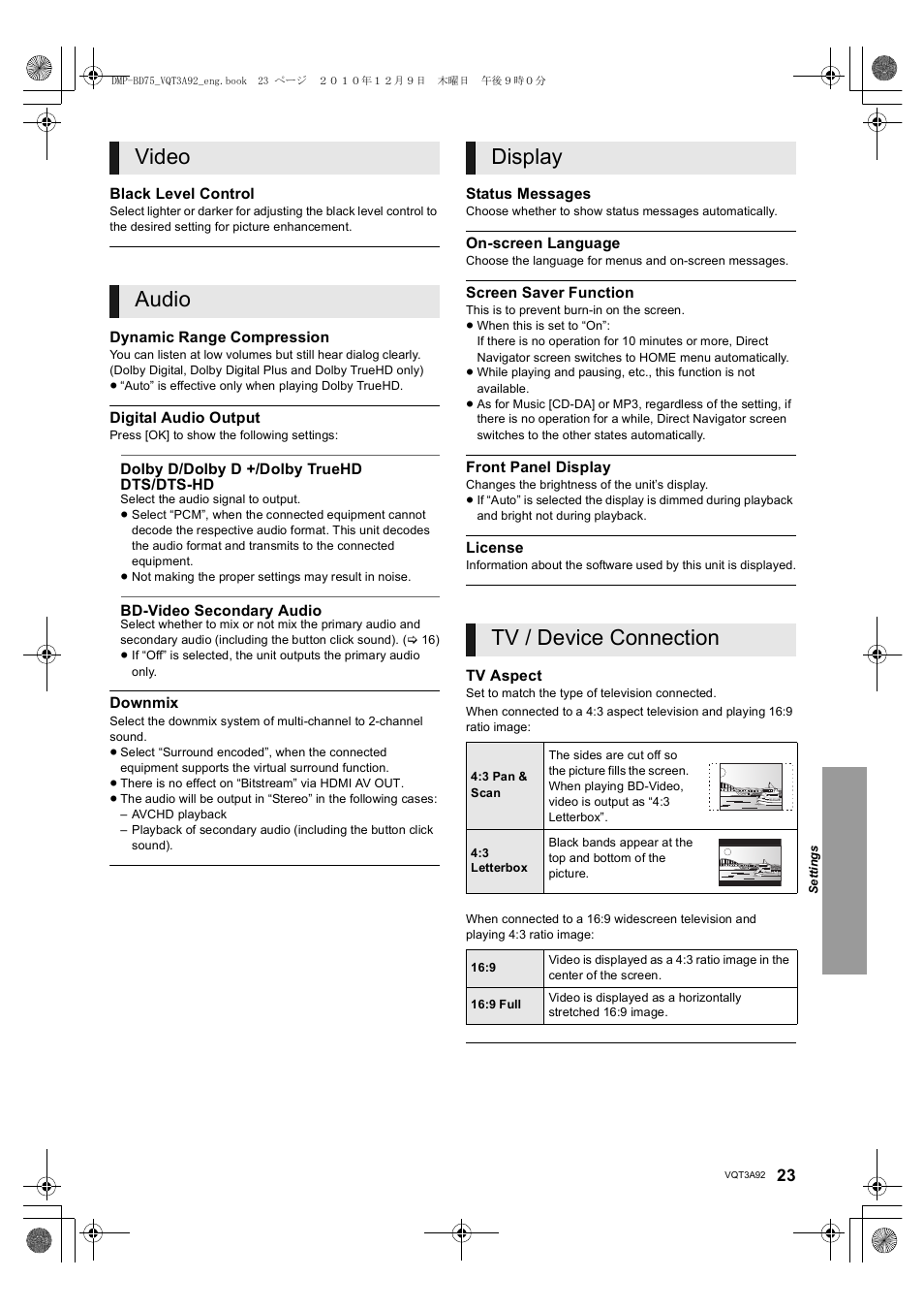 Video audio, Display tv / device connection | Panasonic DMP-BD755 User Manual | Page 23 / 36