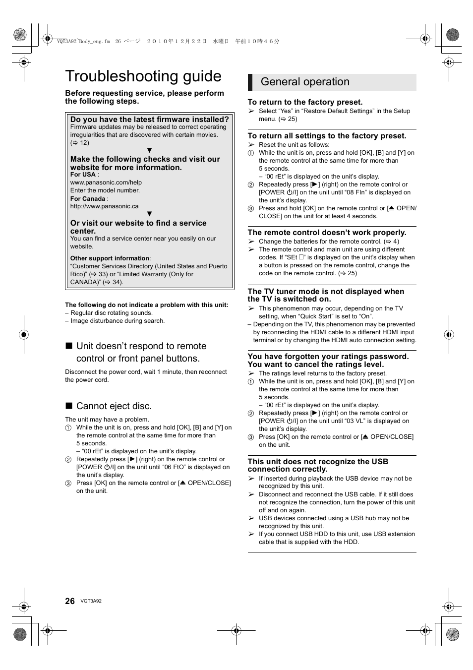 Troubleshooting guide, General operation, Cannot eject disc | Panasonic DMP-BD755 User Manual | Page 26 / 36