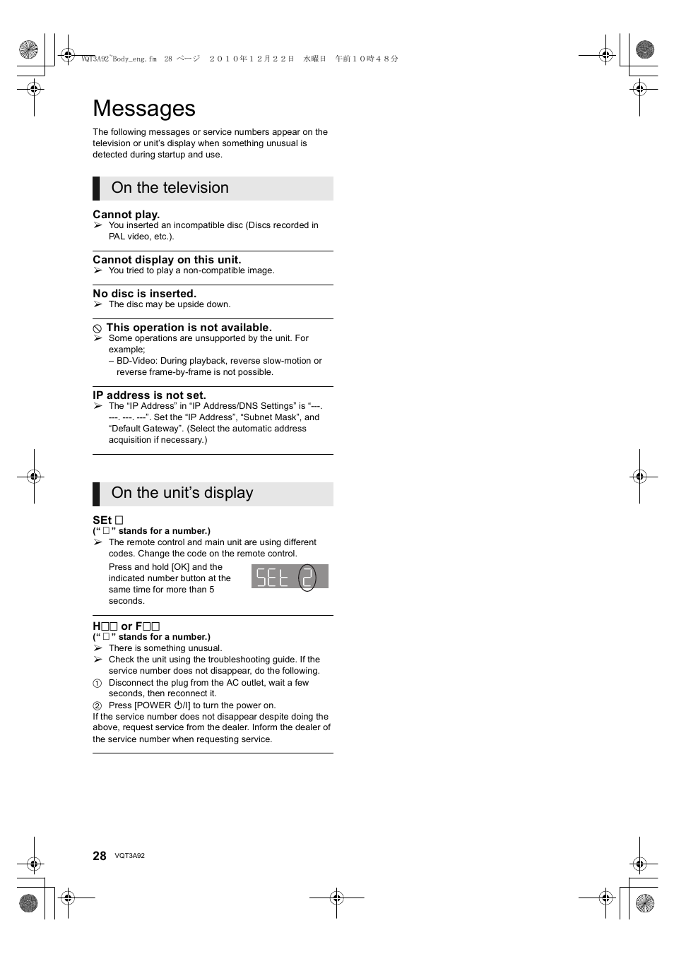 Messages, On the television on the unit’s display | Panasonic DMP-BD755 User Manual | Page 28 / 36