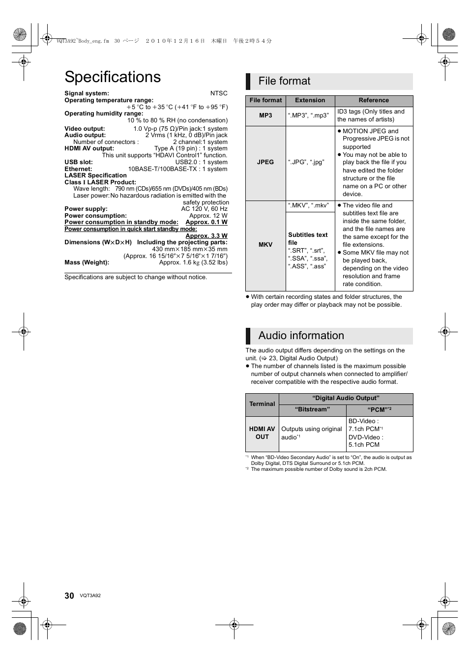 Specifications, File format, Audio information | Panasonic DMP-BD755 User Manual | Page 30 / 36