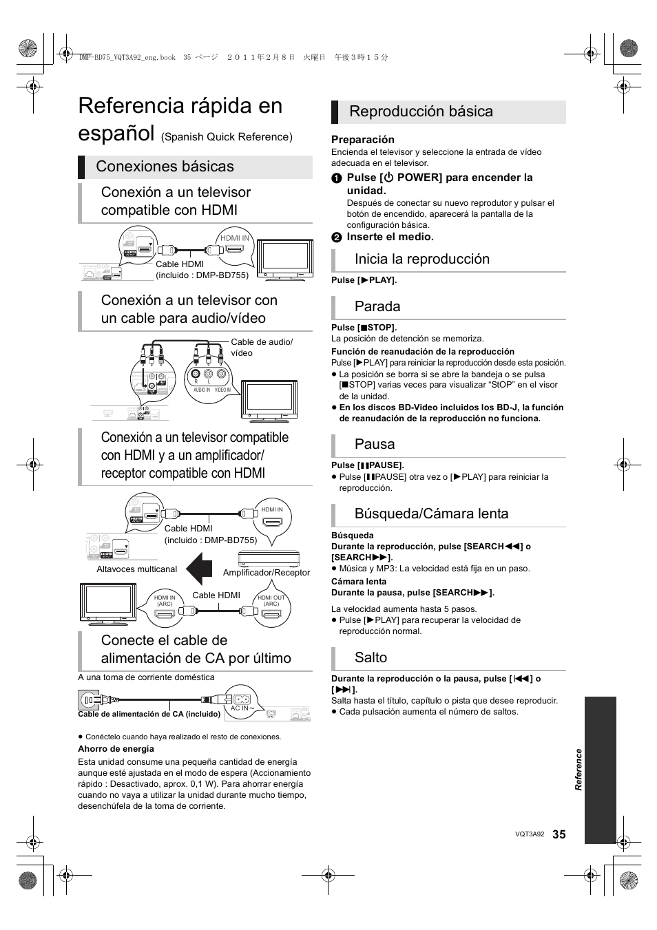 Referencia rápida en español, Conexiones básicas, Reproducción básica | Panasonic DMP-BD755 User Manual | Page 35 / 36