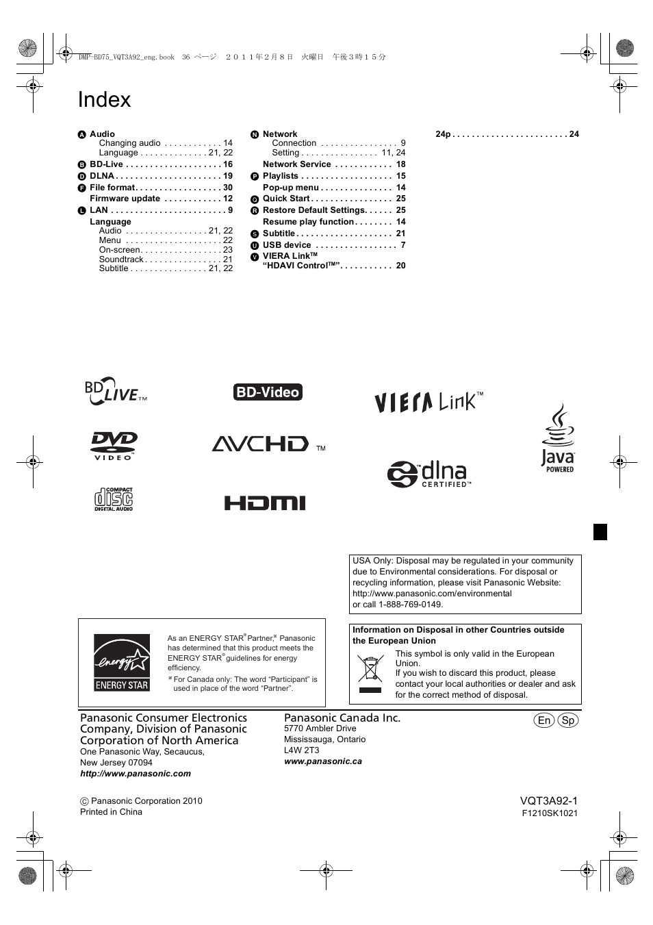 Index | Panasonic DMP-BD755 User Manual | Page 36 / 36