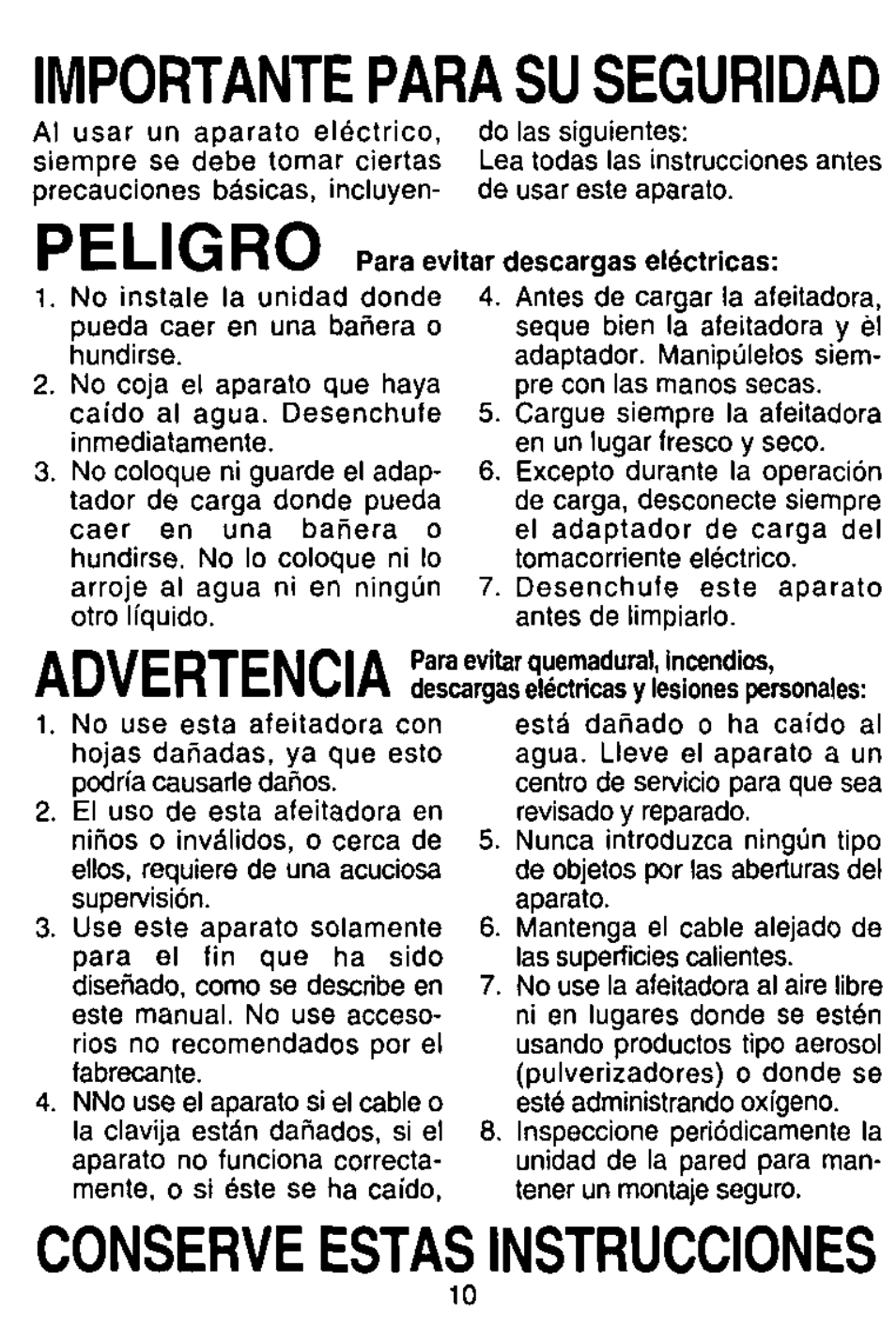 Peligro, Importante para su seguridad, Advertencia | Conserve estas instrucciones, Para evitar, Descargas eléctricas | Panasonic ES762 User Manual | Page 10 / 20