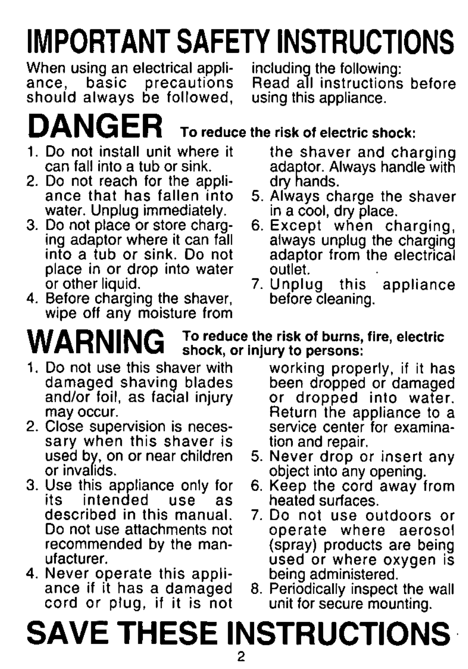 Danger, Save these instructions, Important safety instructions | Warning | Panasonic ES762 User Manual | Page 2 / 20