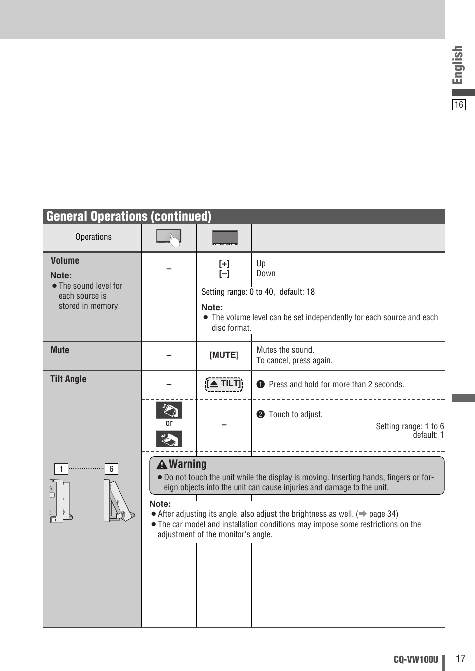 English, General operations (continued), Warning | Panasonic CQ-VW100U User Manual | Page 17 / 48