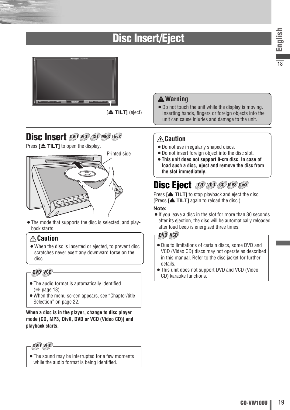 Disc insert/eject, Disc eject, Disc insert | English, Caution, Warning | Panasonic CQ-VW100U User Manual | Page 19 / 48