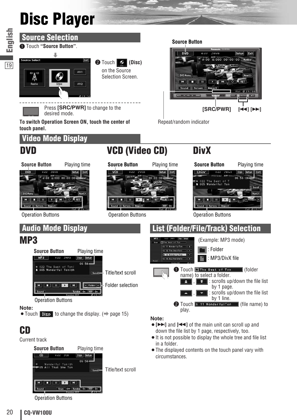 Disc player, Cd mp3, Vcd (video cd) divx dvd | English, Source selection, Video mode display | Panasonic CQ-VW100U User Manual | Page 20 / 48