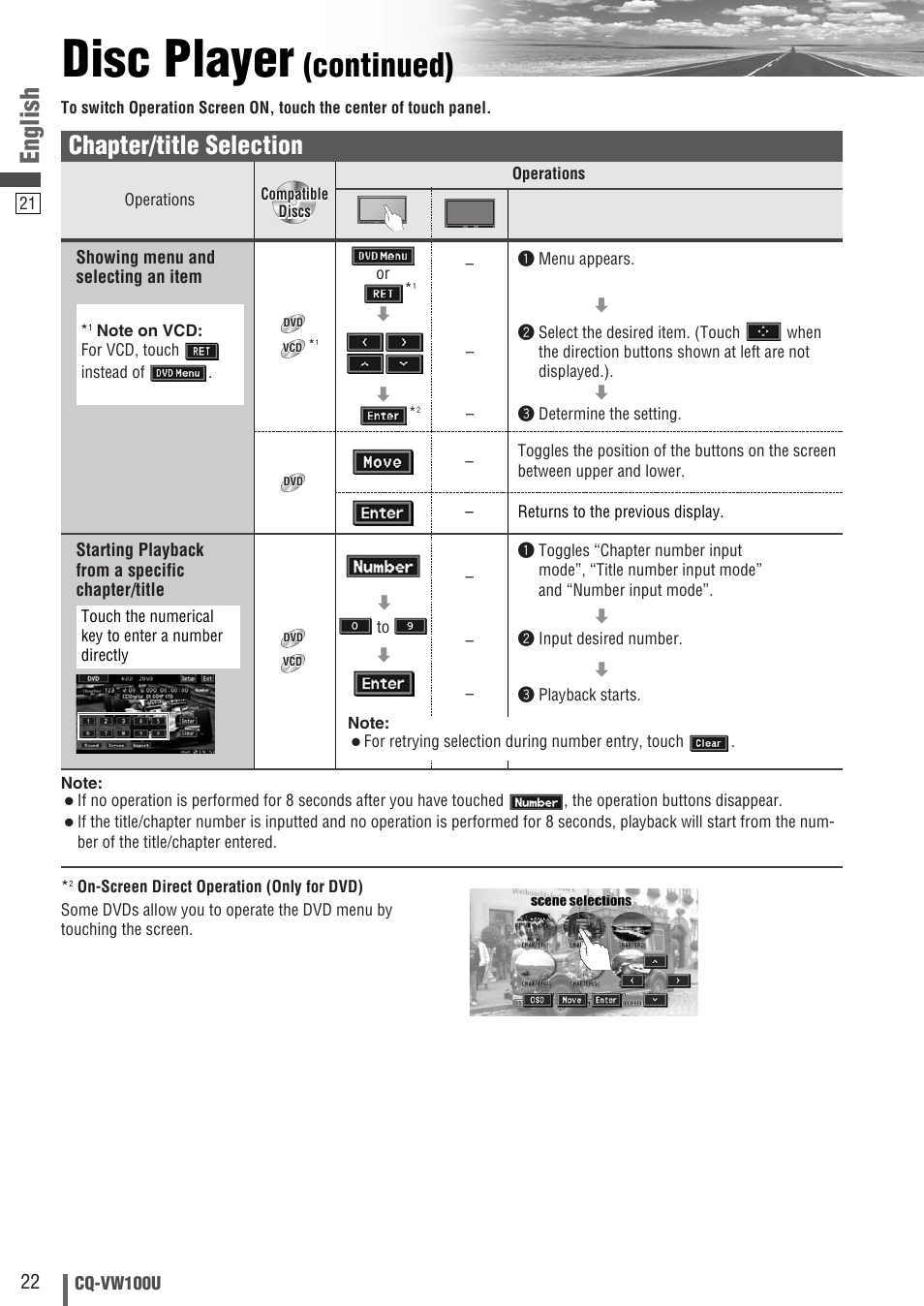 Disc player, Continued), English | Chapter/title selection | Panasonic CQ-VW100U User Manual | Page 22 / 48