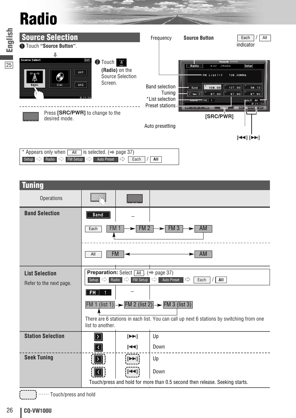 Radio, English, Source selection | Tuning | Panasonic CQ-VW100U User Manual | Page 26 / 48