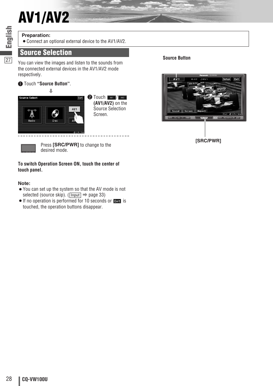 Av1/av2, English, Source selection | Cq-vw100u | Panasonic CQ-VW100U User Manual | Page 28 / 48