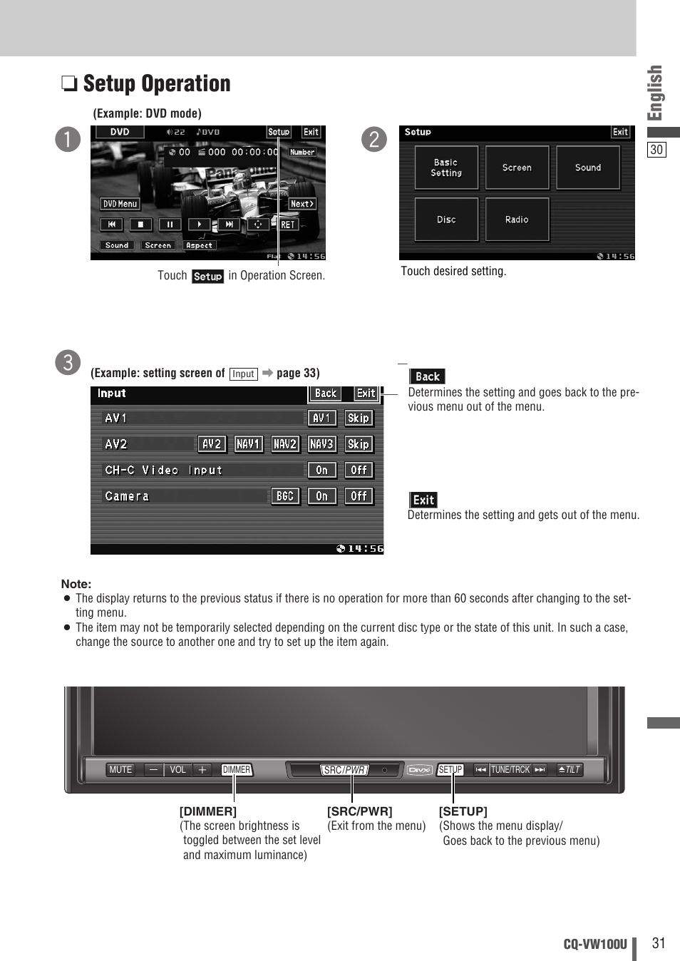 Setup operation, English | Panasonic CQ-VW100U User Manual | Page 31 / 48